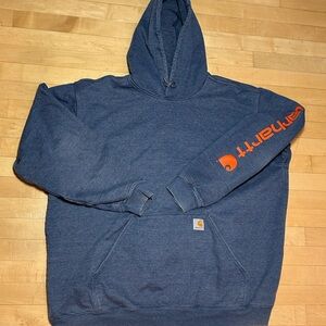 Carhartt Men's Navy Hoodie with Vibrant Orange Sleeve Logo